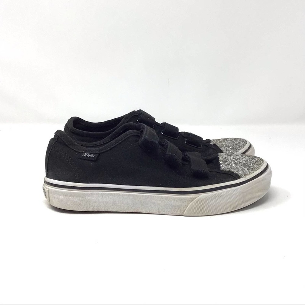 Vans | Black Silver Metallic Glitter Slip On Hook and Loop Sneakers Girls 3